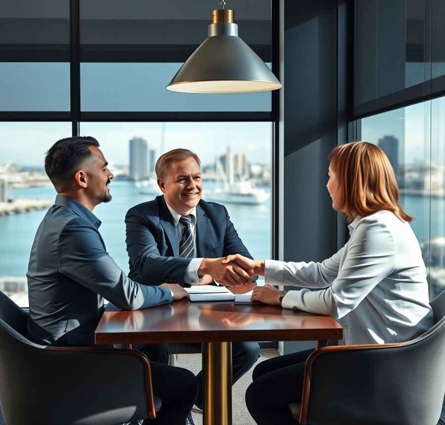 Broker meeting with clients overlooking the harbour