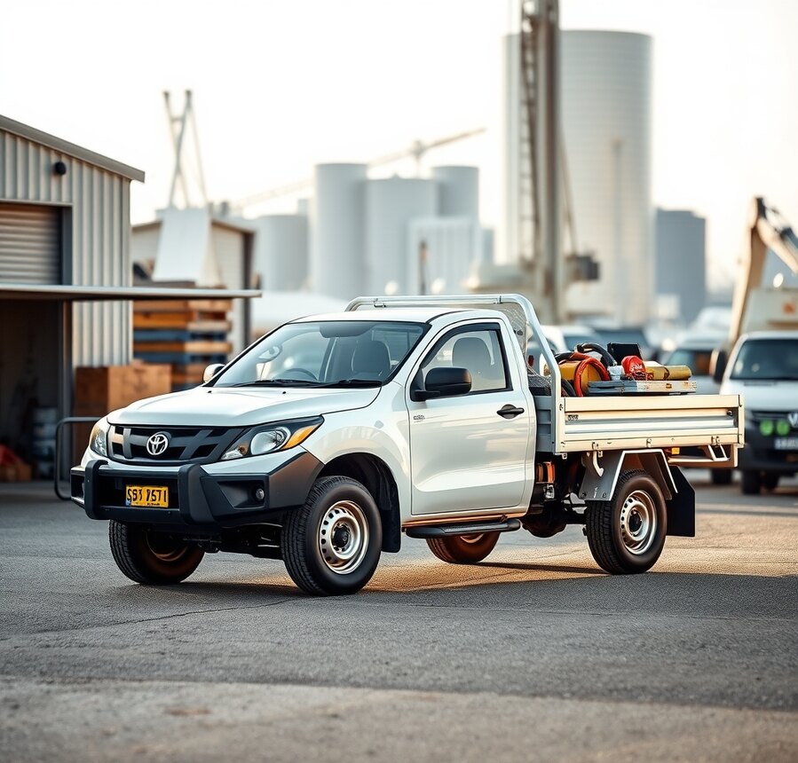 Australian ute with equipment at a harbour industrial yard
