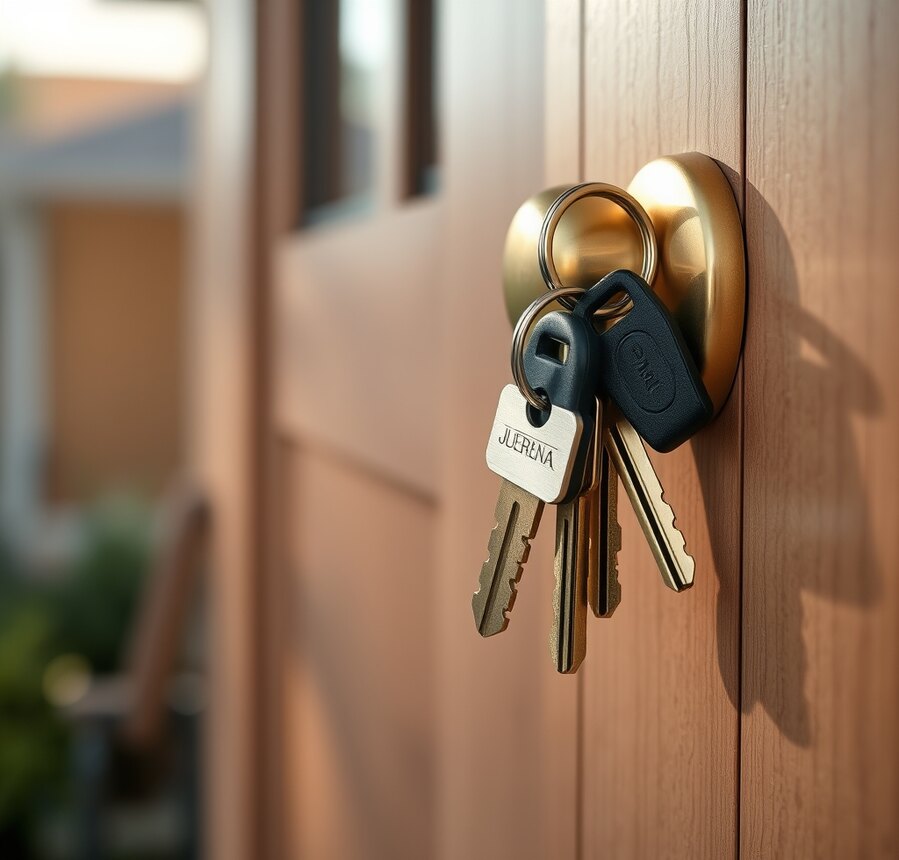 House keys on a brass door handle