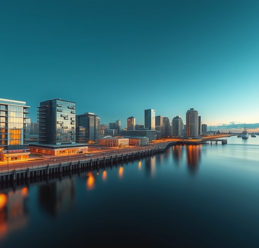 Melbourne Docklands waterfront at dusk
